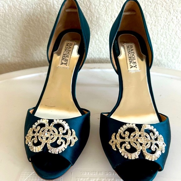Badgley Mischka Teal Rhinestone Open Toe Heels - Picture 3 of 11